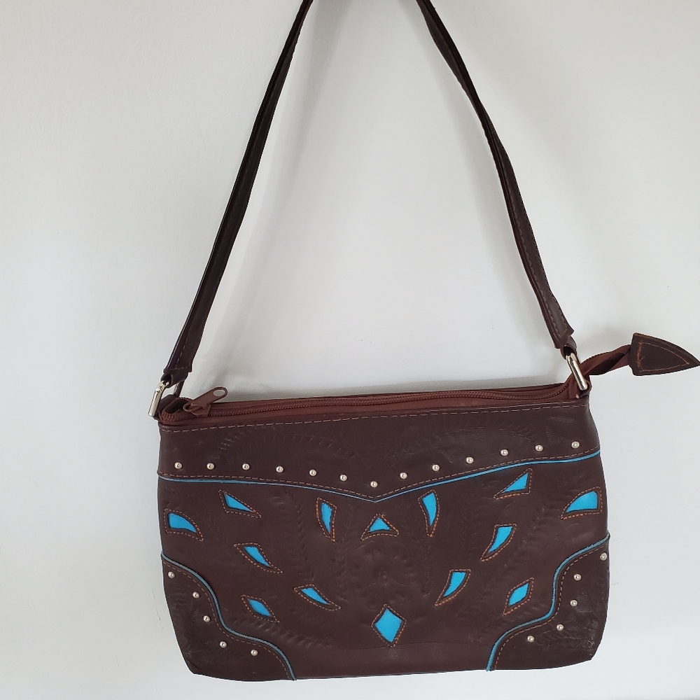 BOHO Western Leather Handbag Floral Tooled Turquoise Cut Outs Pockets Cowgirl